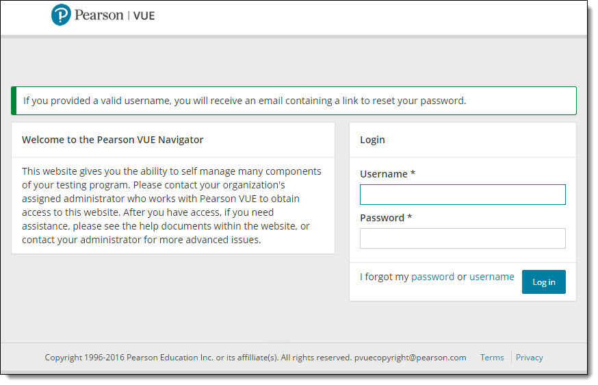 Navigator login page. If you provided a valid username, you will receive an email containing a link to reset your password message.